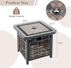 21.5 Inches Outdoor PE Rattan Side Table, All Weather Patio Square End Table with Resin Tabletop, Umbrella Hole, Metal Frame, Outdoor Coffee Table for Garden, Backyard, Balcony, Poolside