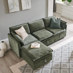 88.98" Modern U-Shaped Sectional Sofa with Ottoman and Storage, Chenille 3-Seater Couch with Deep Seat and Pillows for Living Room and Bedroom, Beige White