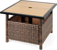 Wicker Side Table with Umbrella Hole, Square PE Rattan Outdoor End Table for Patio, Garden, Poolside, Deck W/Uv-Resistant Frame, Storage Space - Gray