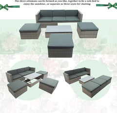 6 Piece Outdoor Patio Furniture Set with Lift Top Table & Ottomans, Outdoor Sectional All Weather PE Rattan Wicker Sectional Furniture Chair Set with Cushions and Tea Table (Dark Gray)