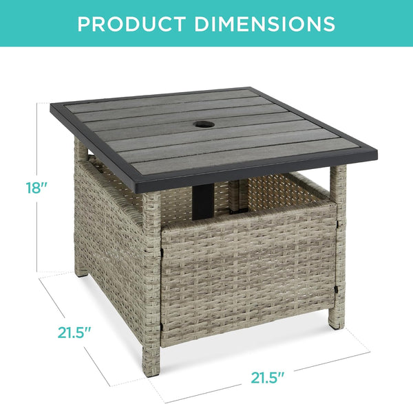 Wicker Side Table with Umbrella Hole, Square PE Rattan Outdoor End Table for Patio, Garden, Poolside, Deck W/Uv-Resistant Frame, Storage Space - Gray