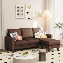 Couch for Small Living Room, 73" Small Sofa with Reversible Ottoman, 3 Seat L-Shaped Sofas, Comfy Couches for Apartment (Linen Fabric, Dark Grey)