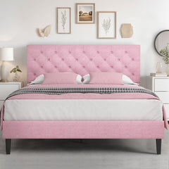 Queen Bed Frame with Headboard, Linen Fabric Upholstered Bed Frame Queen, Wood Slats Support, Button Tufted, No Box Spring Needed, White