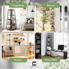 Tall Corner Shelf Stand, 4-Tier Display Shelves, Ladder Corner Wood Storage Plant Bookshelf with Metal Frame, Versatile Shelving Unit Bookcase for Home Office Space, Rustic Oak