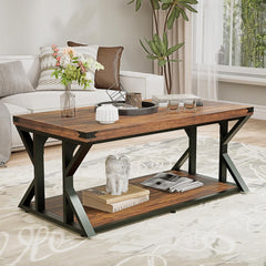 43” Industrial Coffee Table, 2-Tier Farmhouse Center Table with Storage Shelf, Angle Iron Top & Metal Frame, Living Room Cocktail Table, Rustic Brown