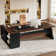 78" L-Shaped Executive Desk, Large Modern Office Desk with Drawers and File Cabinet, Business Furniture with Storage Shelves, Big Computer Desk for Home Office (Light Walnut + Black)