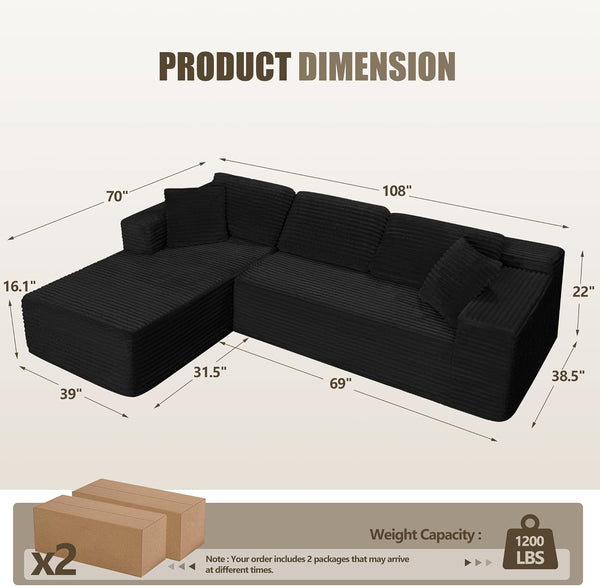 108" Cloud Sectional Couch Sofa with L-Shape Chaise, Modern Modular Sofa Couch with Deep Seat, Upholstered Couches for Living Room Bedroom, No Assembly Required (Black)