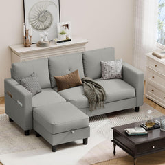 Convertible Sectional Couches for Living Room, L-Shaped Couch 3 Seat Sectional Sofa Set with Polyester Fabric and Movable Ottoman Small Couch for Apartments, Office, Black