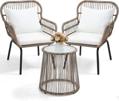 3 Pieces Bistro Set, Woven Rope Chair with Cushions, All Weather Patio Conversation Set and Side Table, Ideal for Deck, Balcony, Poolside, Black