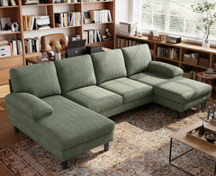 Sectional Couch, 111'' W Corduroy U Shaped Sofa with Sleepable Armrests, 4 Seat Couch with Double Chaises, Deep Seat Sofa for Living Room, Army Green
