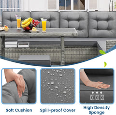 6-Piece Outdoor Patio Furniture Set - Sectional Sofa, Dining Table & Chairs Included, All-Weather Dining Set with Ottoman, Grey Wicker and Grey Cushions