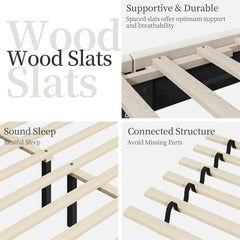 Queen Bed Frame Upholstered Platform Bed with Wing Side/Wooden Slat Support/Tufted Headboard with Wing Side/Mattress Foundation/No Box Spring Needed,Beige Queen Bed