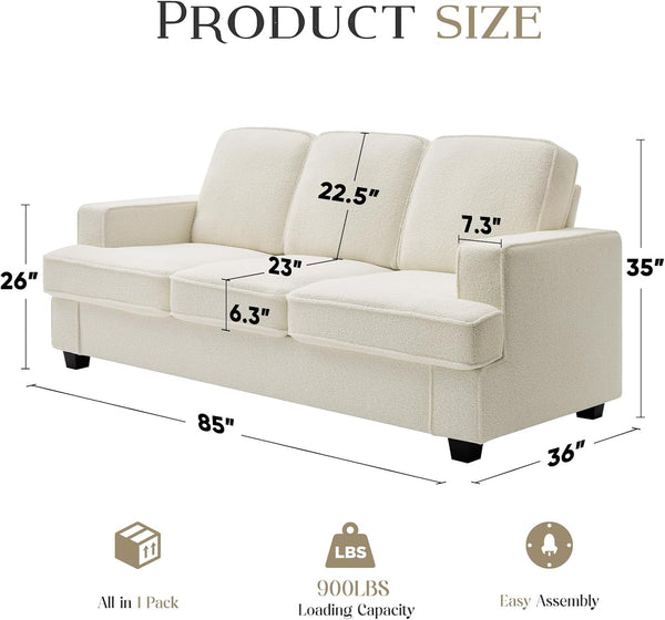Couches for Living Room, 85” Cloud Couch in Soft Teddy Fleece, Removable Cover, Easy Assembly, Modern Sofa for Living Room/Bedroom/Office/Apartment, Beige