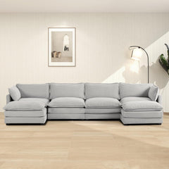 Oversized Modular Sectional Sofa with Movable Ottoman, 112 Inch 4 Seat Modern Corduroy Sofa Set, Convertible L Shaped Couch for Living Room and Office, Beige