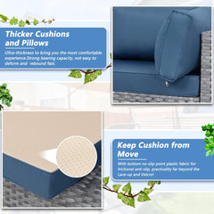 5 Pieces Outdoor Patio Sectional Sofa Couch, Silver Gray PE Wicker Furniture Conversation Sets with Washable Cushions & Glass Coffee Table for Garden, Poolside, Backyard (Aegean Blue)