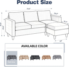 73.6" Modular Sectional Sofa, Comfy Cloud Couch with Movable Ottoman Deep Seat L Shaped Modular Sofa, Sectional Couches L Shaped Couch for Living Room and Apartment, Dark Grey