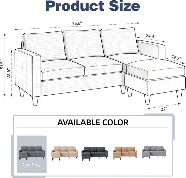 73.6" Modular Sectional Sofa, Comfy Cloud Couch with Movable Ottoman Deep Seat L Shaped Modular Sofa, Sectional Couches L Shaped Couch for Living Room and Apartment, Dark Grey