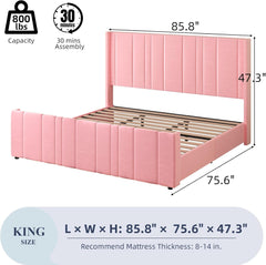 King Size Bed Frame and Headboard, Upholstered Bed with Vertical Channel Tufted Headboard & Footboard, Wooden Slats/Noise Free/No Box Spring Needed/Easy Assembly, Pink