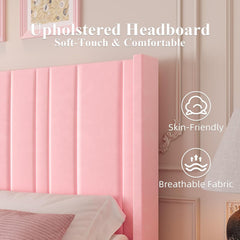 King Size Bed Frame and Headboard, Upholstered Bed with Vertical Channel Tufted Headboard & Footboard, Wooden Slats/Noise Free/No Box Spring Needed/Easy Assembly, Pink