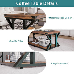 43” Industrial Coffee Table, 2-Tier Farmhouse Center Table with Storage Shelf, Angle Iron Top & Metal Frame, Living Room Cocktail Table, Rustic Brown