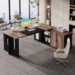 74.8 Inch Executive Desk, Large Office Desk with Cabinet, L Shaped Computer Table with Shelves and CPU Storage, Modern Home Office Desks Business Furniture Workstation Set