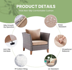 5-Piece Patio Furniture Set, Outdoor Furniture with Coffee Table, Loveseat & 2 Single Chairs, 4-Inch Thickened Cushions with Water/Oil/Stain-Resistant Fabric (Beige Cushion + Gray Wicker)