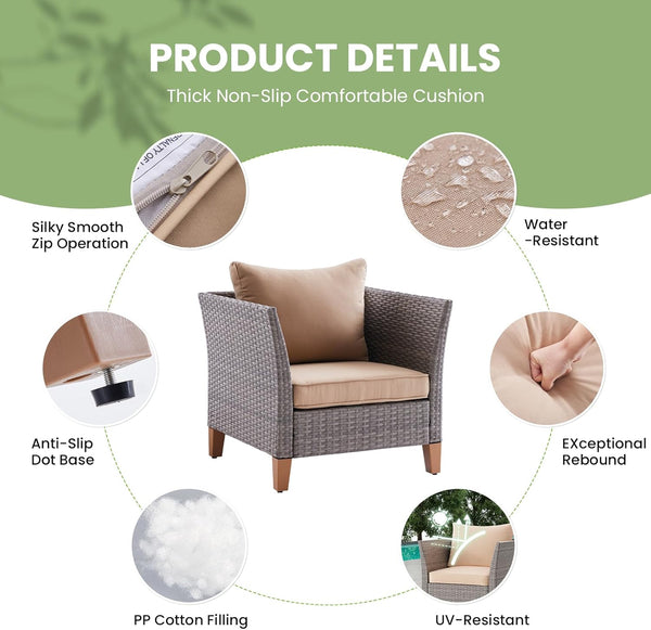 5-Piece Patio Furniture Set, Outdoor Furniture with Coffee Table, Loveseat & 2 Single Chairs, 4-Inch Thickened Cushions with Water/Oil/Stain-Resistant Fabric (Beige Cushion + Gray Wicker)