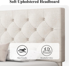 Queen Bed Frame with Headboard, Linen Fabric Upholstered Bed Frame Queen, Wood Slats Support, Button Tufted, No Box Spring Needed, White