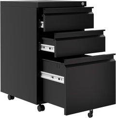 3-Drawer Mobile File Cabinet with Lock Keys | under Desk Lateral Storage Fits Legal Letter A4 | Adjustable Shelf, Easy Assembly Office Home Workspace - Dark Black