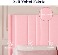 King Size Bed Frame and Headboard, Upholstered Bed with Vertical Channel Tufted Headboard & Footboard, Wooden Slats/Noise Free/No Box Spring Needed/Easy Assembly, Pink