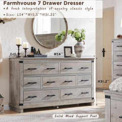 Farmhouse 7 Drawers Dresser for Bedroom, Wood Large Chest of Drawers with Thick Plank Styling, Rustic Closet Dresser for Bedroom, Living Room, Light Rustic Oak Color