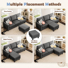 Couch for Small Living Room, 73" Small Sofa with Reversible Ottoman, 3 Seat L-Shaped Sofas, Comfy Couches for Apartment (Linen Fabric, Dark Grey)