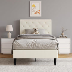 Queen Bed Frame with Headboard, Linen Fabric Upholstered Bed Frame Queen, Wood Slats Support, Button Tufted, No Box Spring Needed, White