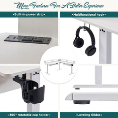 60 Inches L Shaped Electric Standing Desk, Height Adjustable Corner Gaming Desk with Drawers, Keyboard Tray, Power Outlets & LED Lights, Computer Desk with Monitor Shelf, Antique White