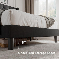 Queen Size Platform Bed Frame with Button Tufted Headboard, Upholstered Bed Frame with Solid Wooden Slats, 8" Underbed Space, No Box Spring Needed, Noise Free, Easy Assembly, Black