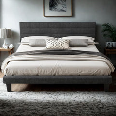 Platform Bed Frame Queen Size with Linen Fabric Headboard,Modern Panel Low Profile Bed with Upholstered & Sturdy Slats Support for Bedroom, Mattress Foundation, Dark Gray