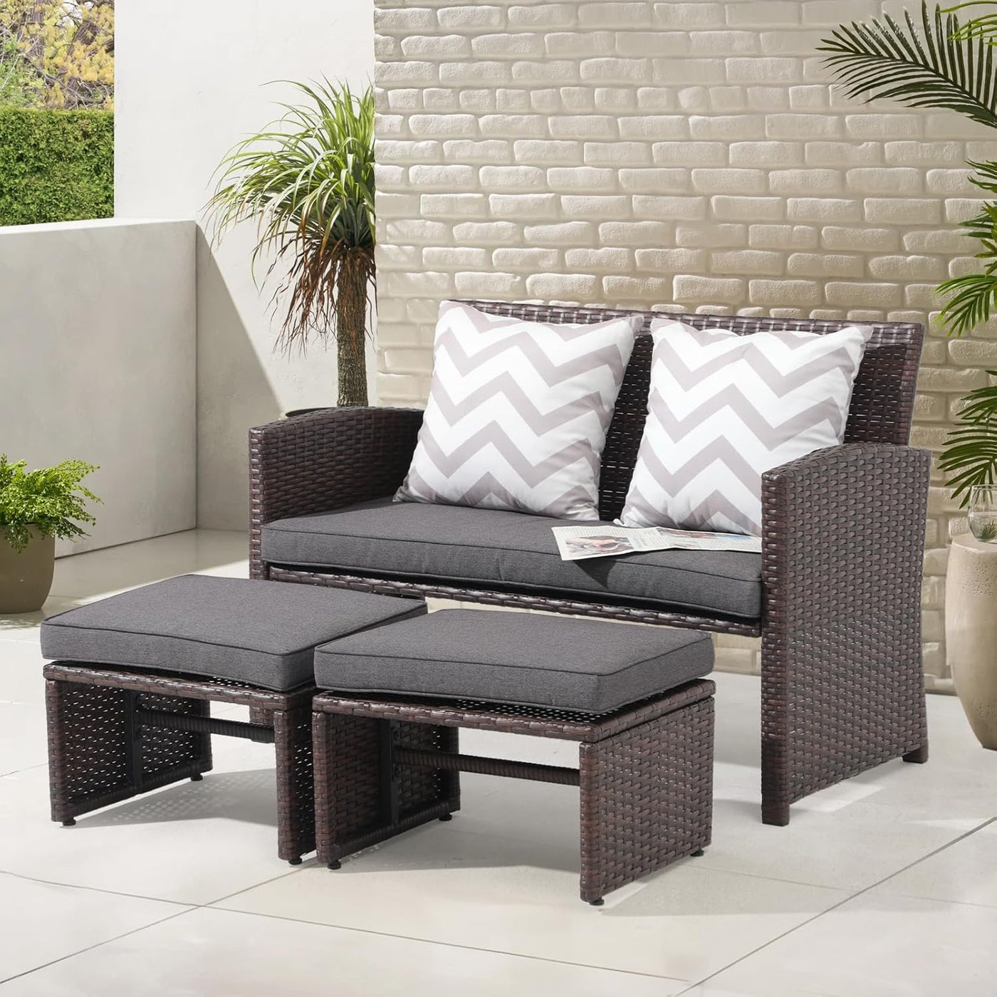 Outdoor Loveseat 3 Piece Patio Furniture Set Outdoor Conversation Set All-Weather Wicker Love Seat with Ottoman/Side Table, Brown Rattan, Dark Grey