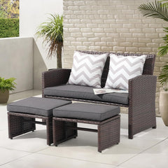 Outdoor Loveseat 3 Piece Patio Furniture Set Outdoor Conversation Set All-Weather Wicker Love Seat with Ottoman/Side Table, Brown Rattan, Dark Grey