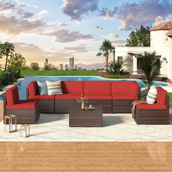 Outdoor Sectional Furniture Chair Set with Cushions and Coffee Table,Patio PE Rattan Wicker Sofa, 7 Piece