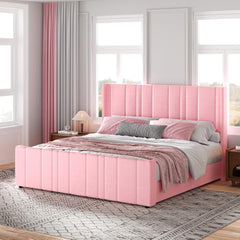 King Size Bed Frame and Headboard, Upholstered Bed with Vertical Channel Tufted Headboard & Footboard, Wooden Slats/Noise Free/No Box Spring Needed/Easy Assembly, Pink