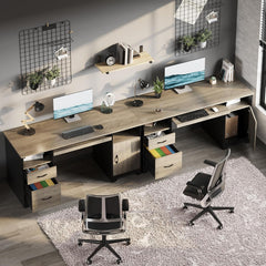 59” Executive Desk with 2 Drawers, Computer Desk with Storage Cabinet, Industrial Wood Desk with File Drawer, Keyboard Tray & 2 Pedestals for Home Office & Studio, Gray