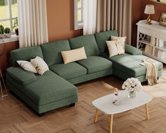 Sectional Couches for Living Room, U-Shaped Sofa Couch with Linen Fabric, 4 Seat Sofa Set with Double Chaise for Apartment (Fabric, Green)