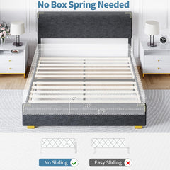 Queen Bed Frame, Queen Size Bed Frame with Headboard and Footboard, Chenille Fabric Upholstered Bed Frame, Gold-Colored Support Feet, Strong Wooden Slats, No Box Spring Needed, Easy Assembly, Black