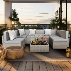 7-Piece Outdoor Sectional Furniture Set, All-Weather Wicker Patio Sofa with Washable Cushions, Gray Waterproof Rattan Conversation Set for Backyard, Poolside, Garden (Gray Cushions)