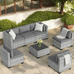 7-Piece Outdoor Rattan Sectional Sofa Set, Gray Wicker Patio Furniture Sets with Navy Blue Cushions for Balcony, Porch, Backyard