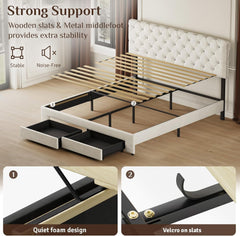 Full Size Bed Frame with 2 Storage Drawers, Upholstered Bed Frame with Adjustable Diamond Headboard, Velvet Modern Platform Bed Frame, No Box Spring Needed, Easy to Assemble, Beige