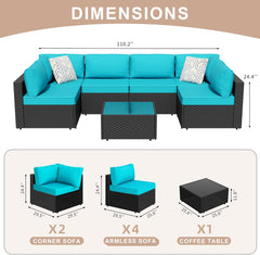7 Piece Outdoor Patio Furniture Set, PE Rattan Conversation Sofa Set, Wicker Sectional Sofa Set with Cushions Couch Set & Coffee Table for Outside, Garden, Balcony, Light Blue