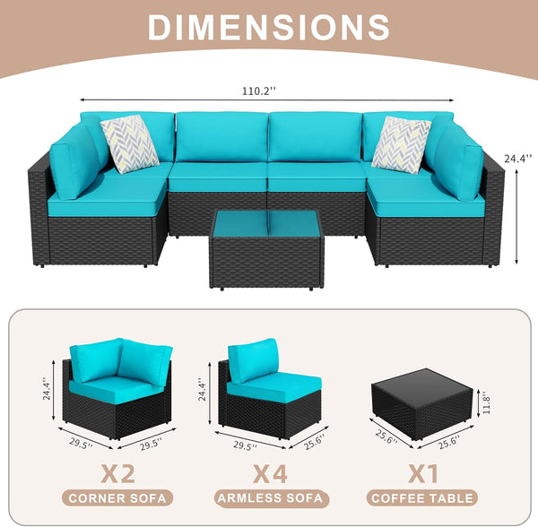 7 Piece Outdoor Patio Furniture Set, PE Rattan Conversation Sofa Set, Wicker Sectional Sofa Set with Cushions Couch Set & Coffee Table for Outside, Garden, Balcony, Light Blue