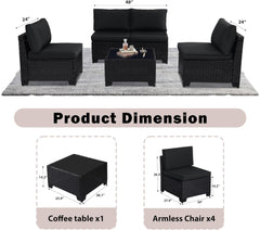 5 Pieces Patio Furniture Sets, Outdoor Furniture Patio Conversation Set, All Weather PE Rattan Sectional Sofa with Cushions and Glass Table (5 Pieces-S, Black-Black)