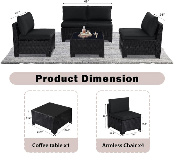 5 Pieces Patio Furniture Sets, Outdoor Furniture Patio Conversation Set, All Weather PE Rattan Sectional Sofa with Cushions and Glass Table (5 Pieces-S, Black-Black)